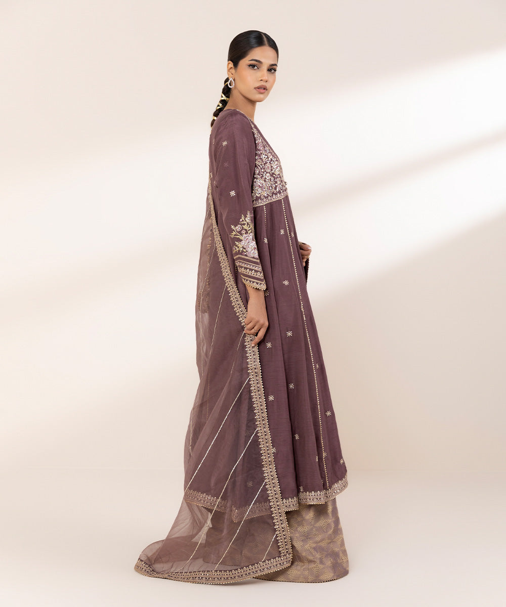 Women's RTW Raw Silk Brown Embroidered Three Piece Suit