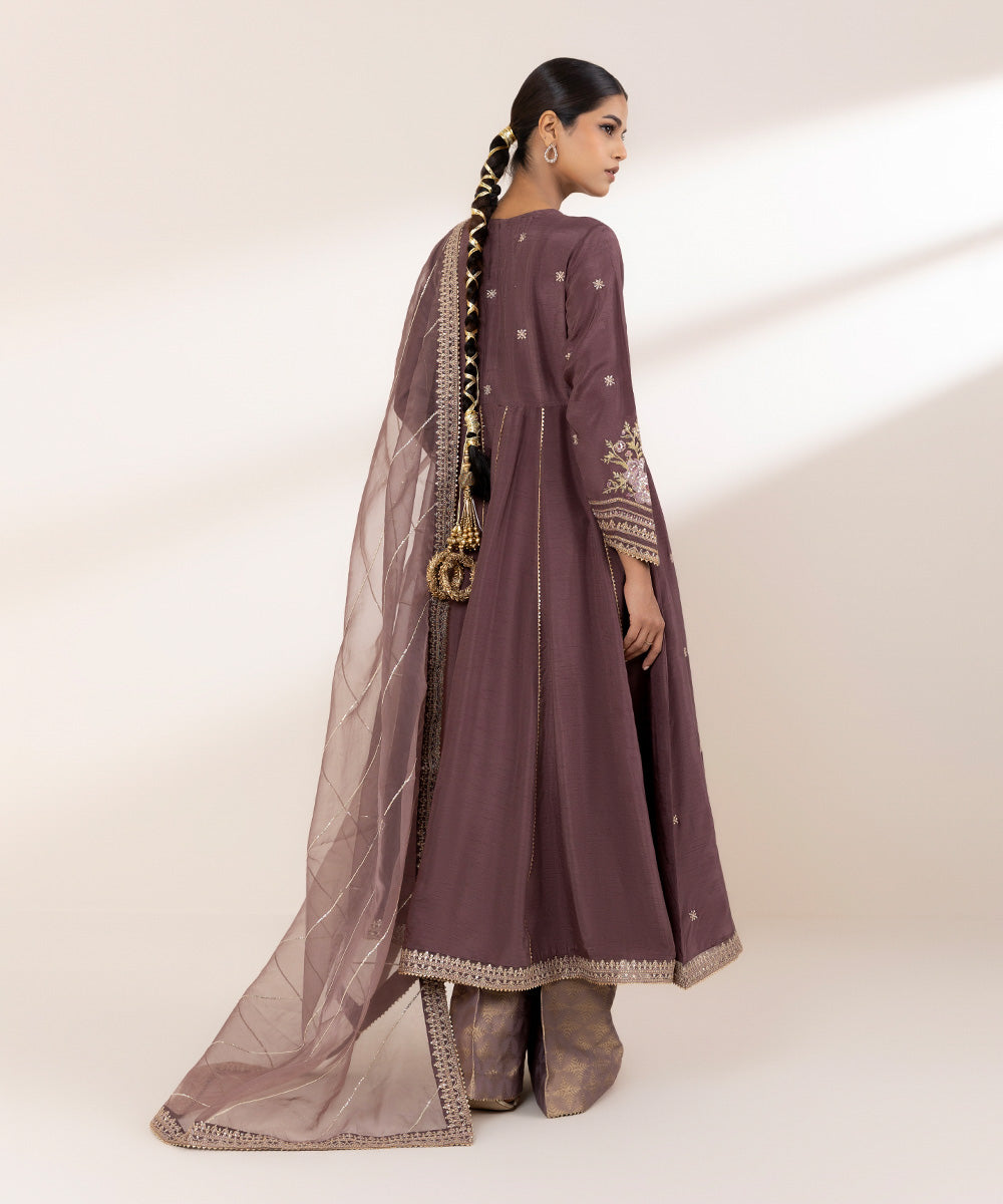 Women's RTW Raw Silk Brown Embroidered Three Piece Suit