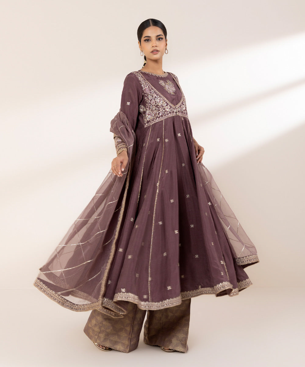 Women's RTW Raw Silk Brown Embroidered Three Piece Suit