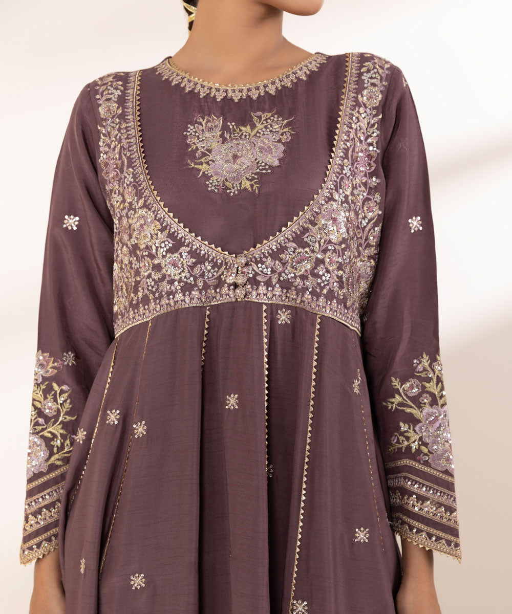 Women's RTW Raw Silk Brown Embroidered Three Piece Suit