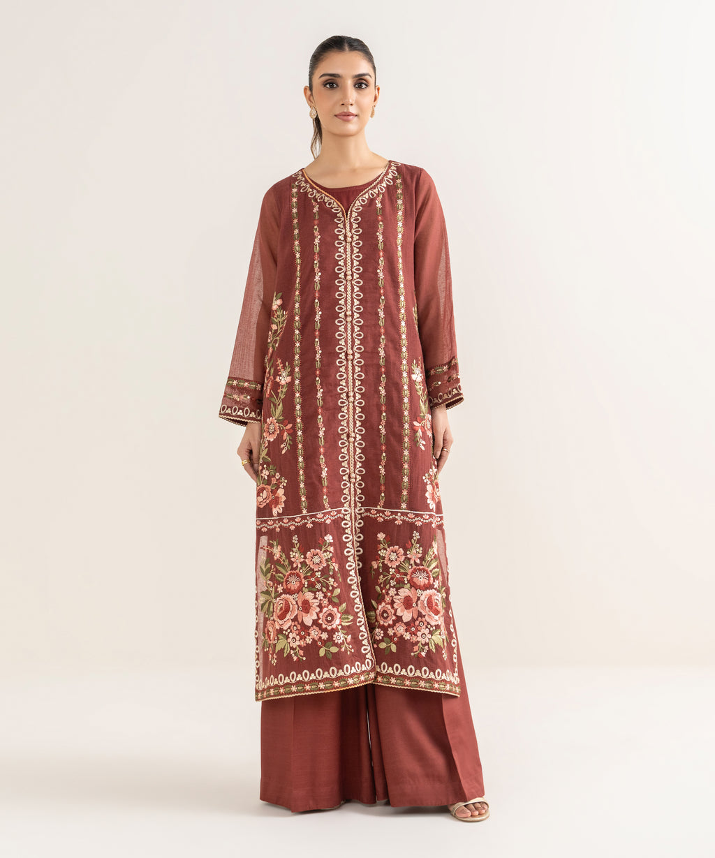 Women's RTW Blended Textured Karandi Brown Embroidered Straight Shirt