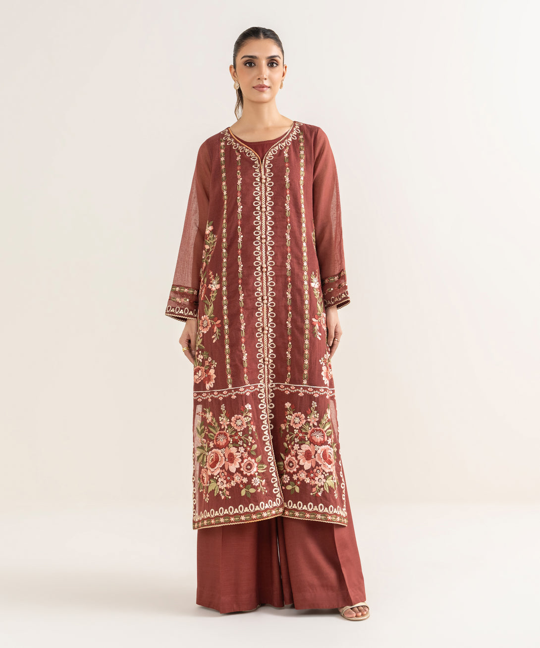 Women's RTW Blended Textured Karandi Brown Embroidered Straight Shirt