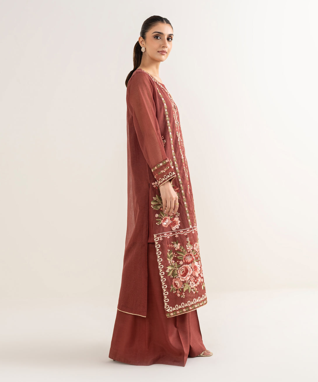 Women's RTW Blended Textured Karandi Brown Embroidered Straight Shirt