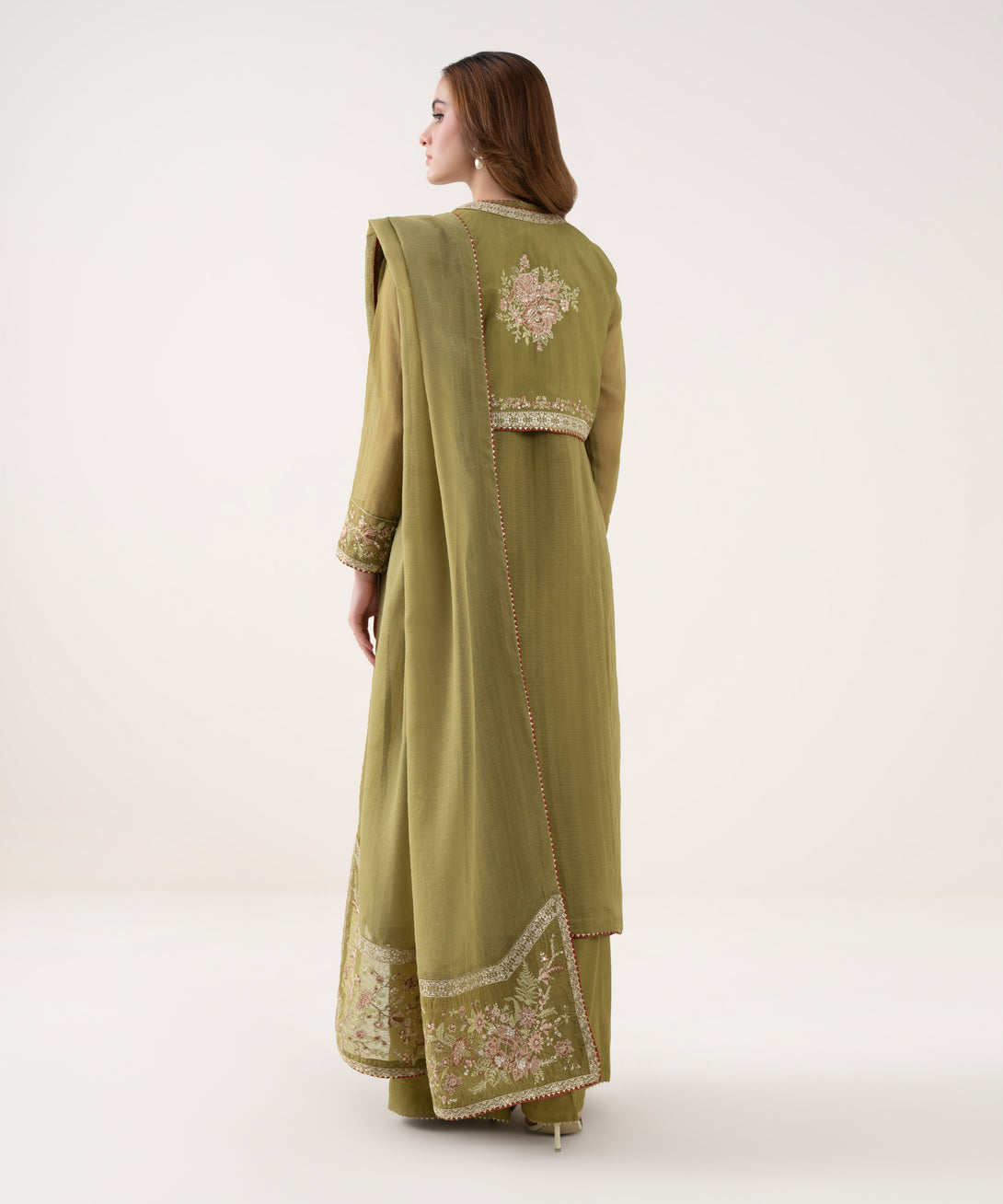 Women's RTW Blended Textured Karandi Embroidered Green Three Piece Suit