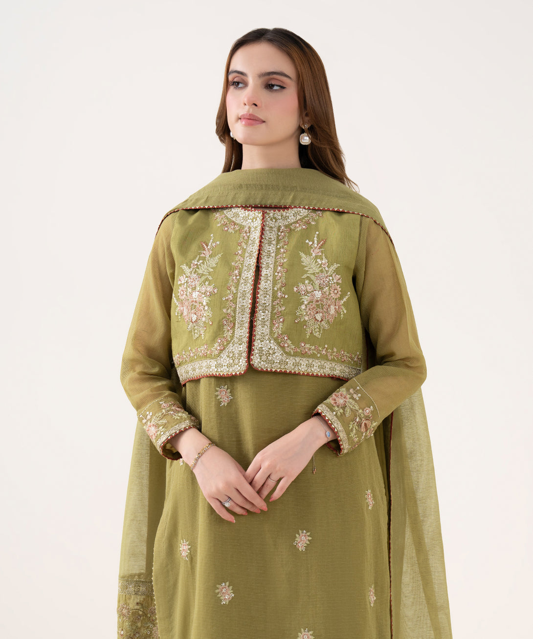 Women's RTW Blended Textured Karandi Embroidered Green Three Piece Suit