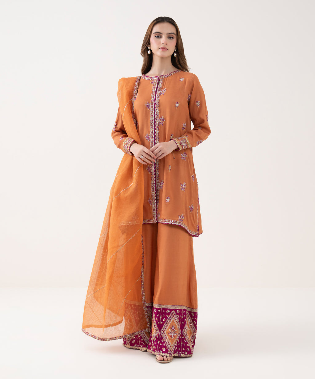 Women's RTW Blended Textured Karandi Embroidered Orange Three Piece Suit