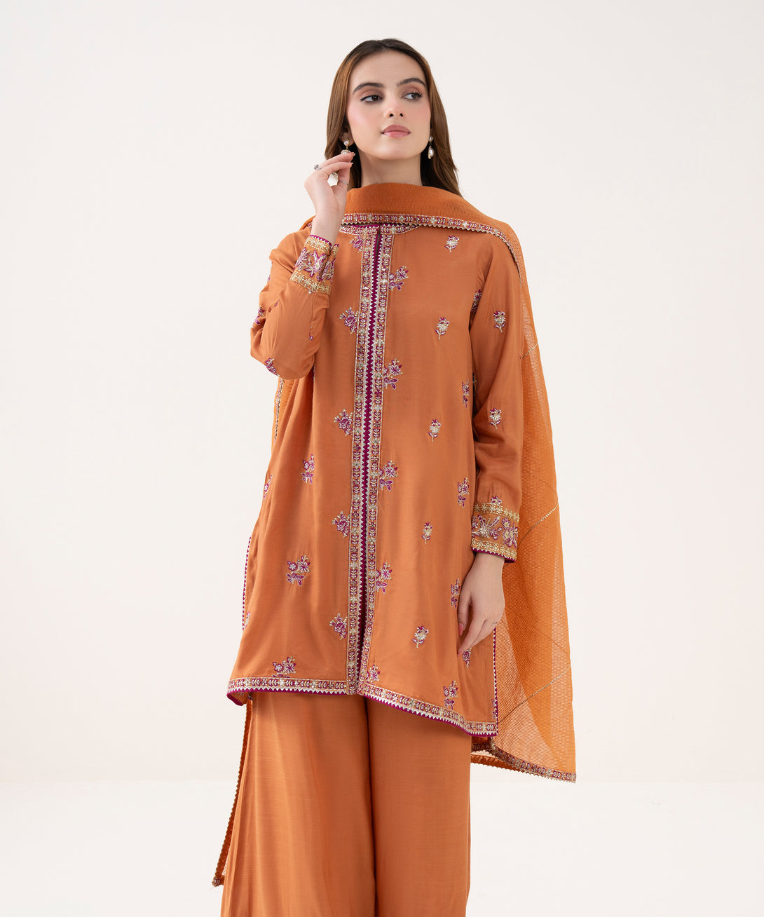 Women's RTW Blended Textured Karandi Embroidered Orange Three Piece Suit