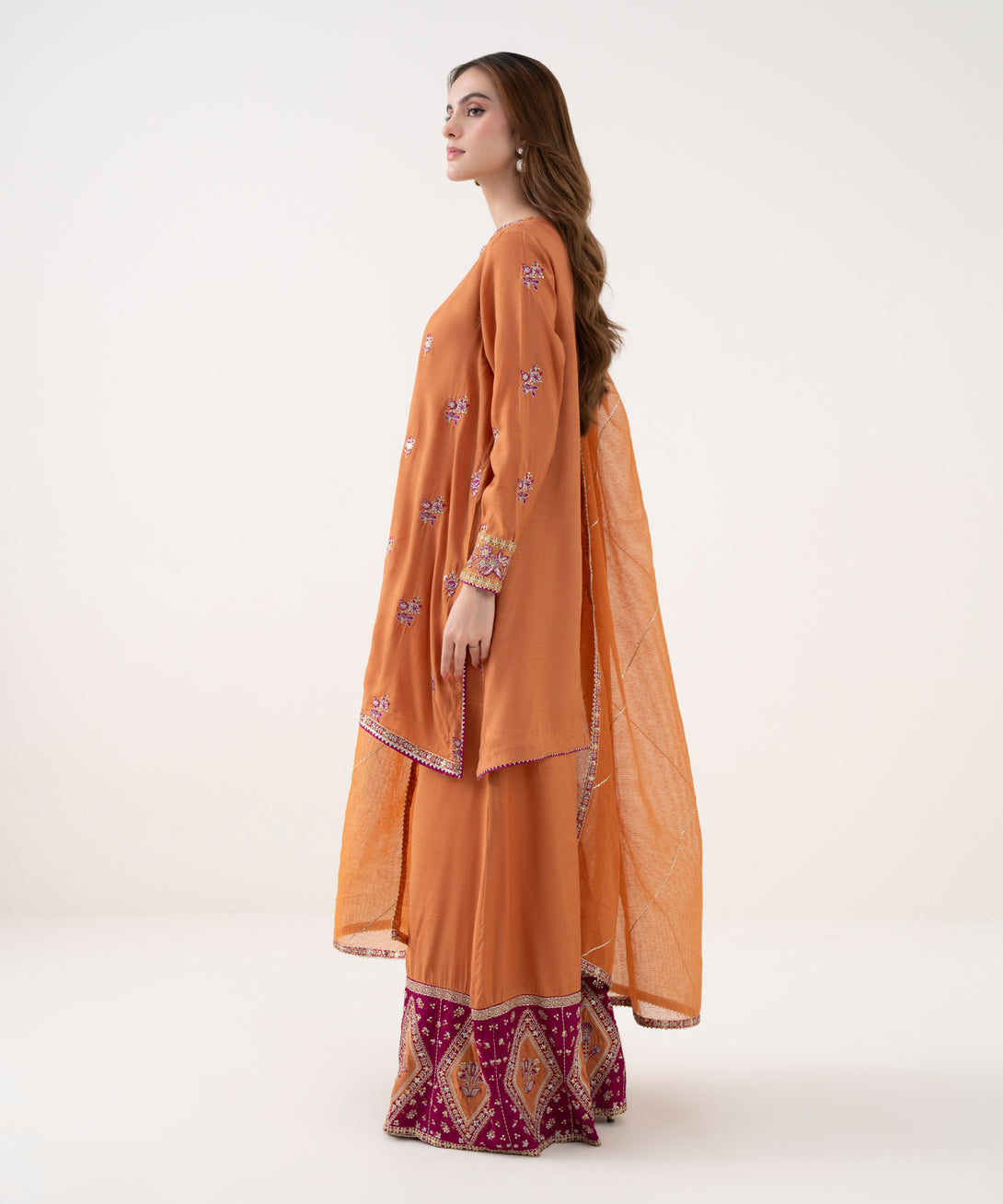 Women's RTW Blended Textured Karandi Embroidered Orange Three Piece Suit