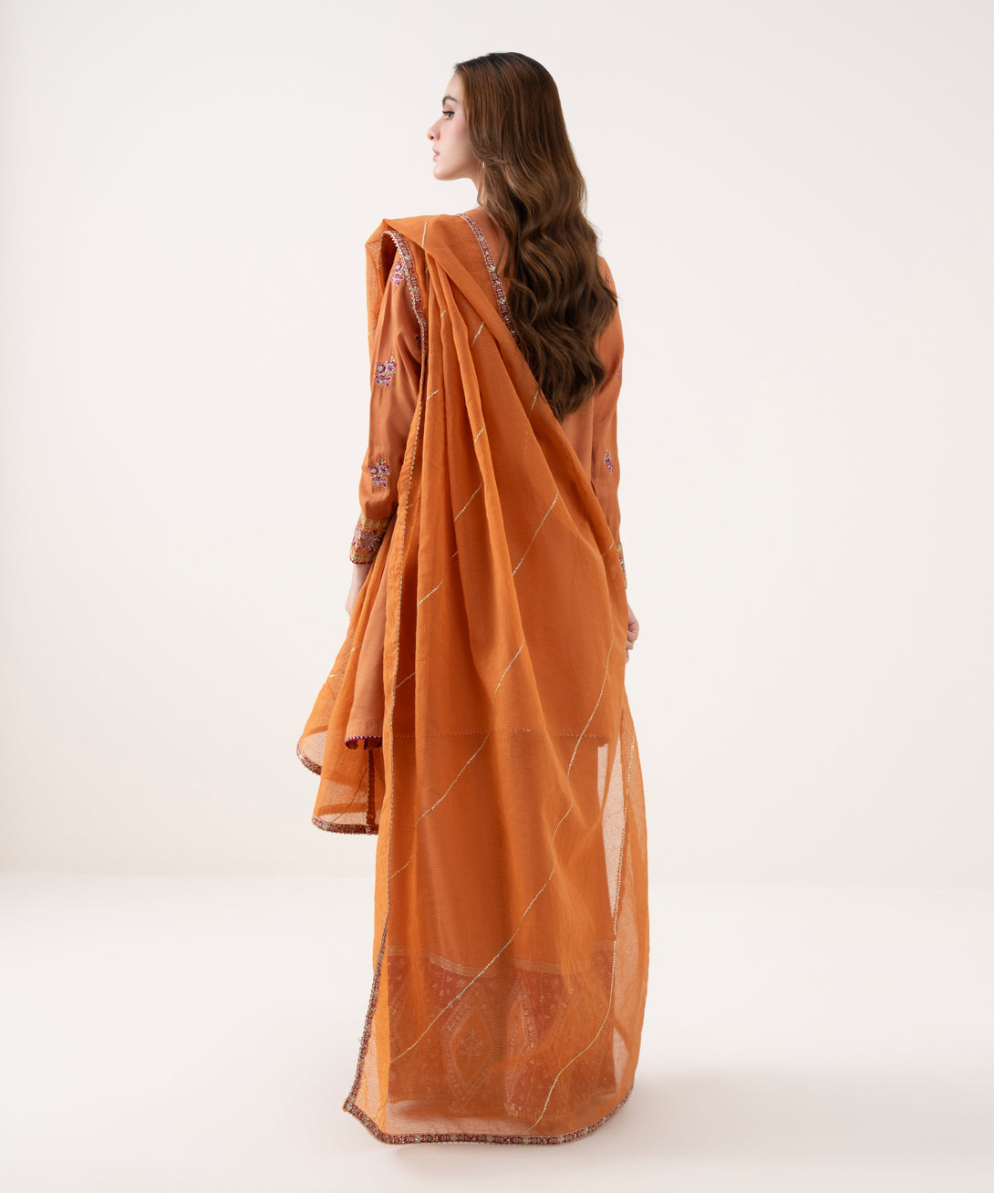 Women's RTW Blended Textured Karandi Embroidered Orange Three Piece Suit