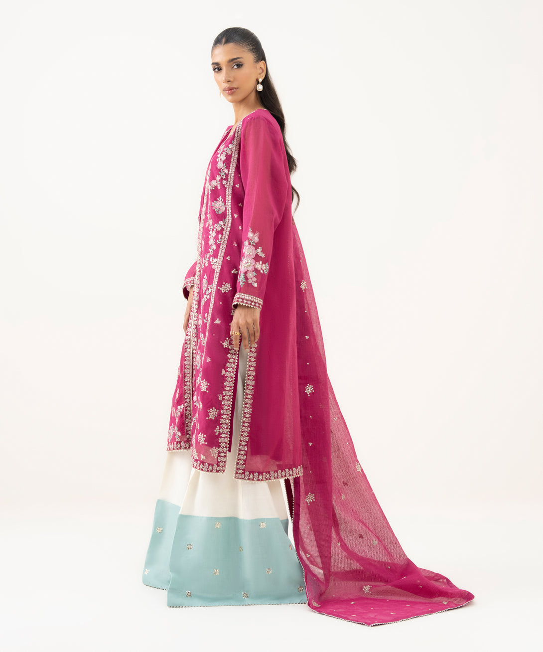 Women's RTW Blended Textured Karandi Embroidered Pink Three Piece Suit