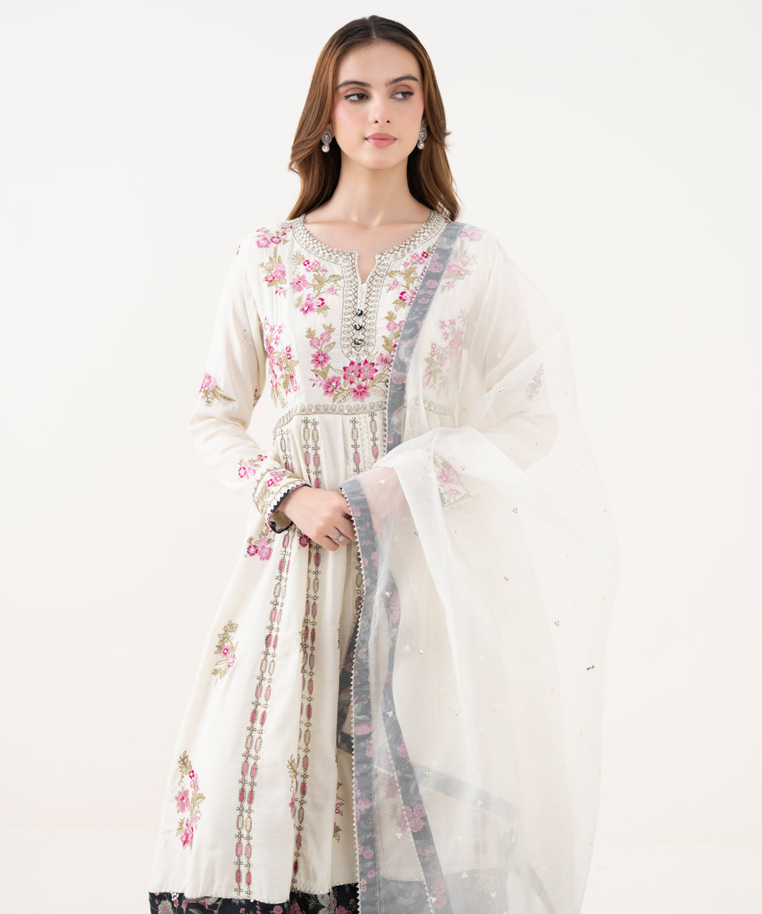 Women's RTW Viscose Raw Silk Embroidered White Three Piece Suit