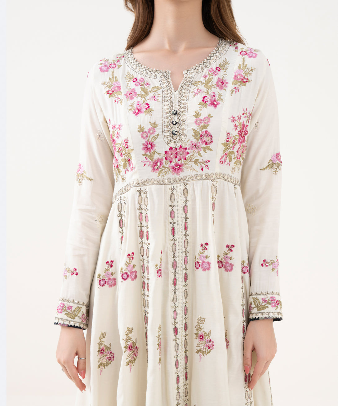 Women's RTW Viscose Raw Silk Embroidered White Three Piece Suit