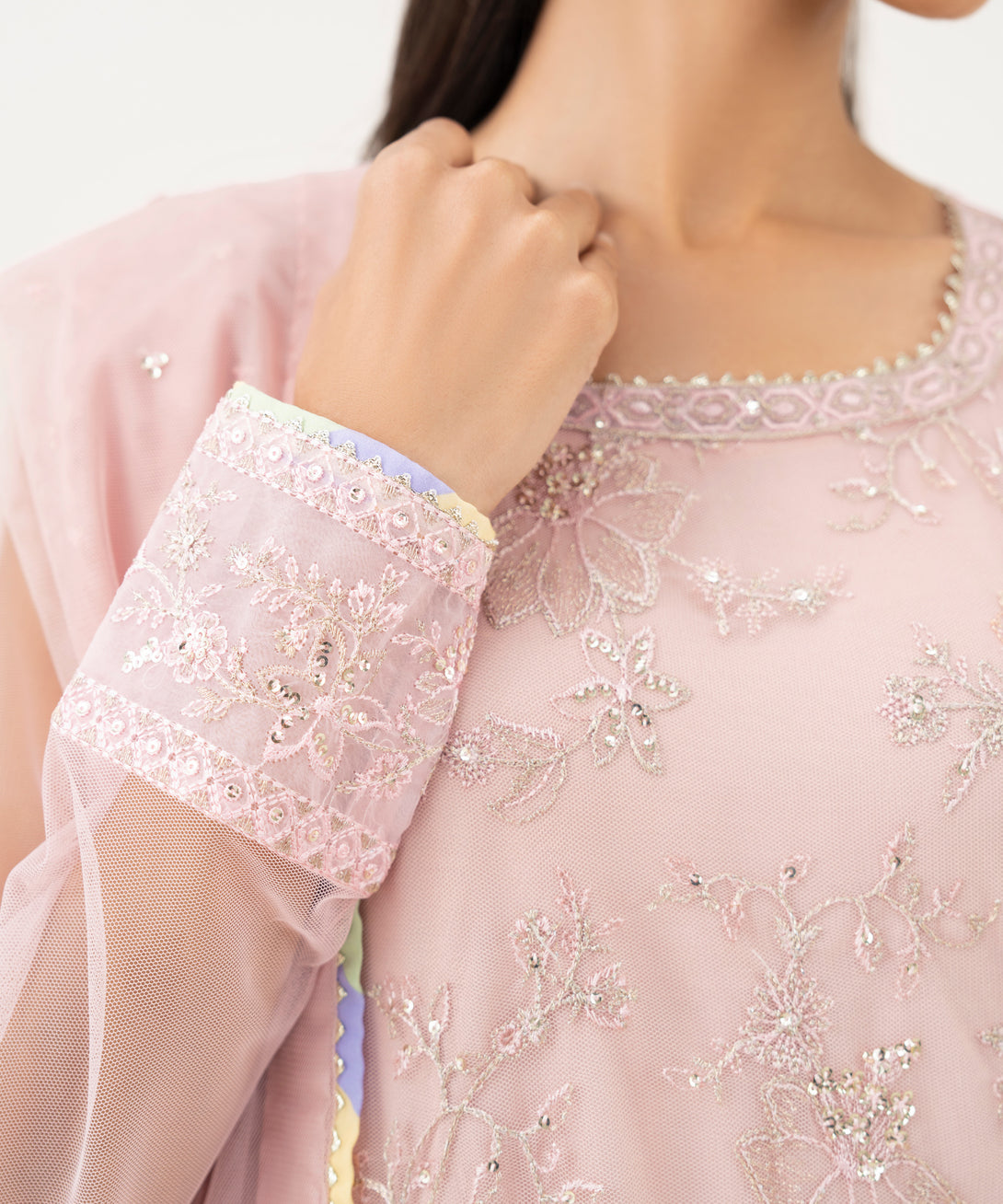 Women's RTW Blended Net Embroidered Pink Three Piece Suit
