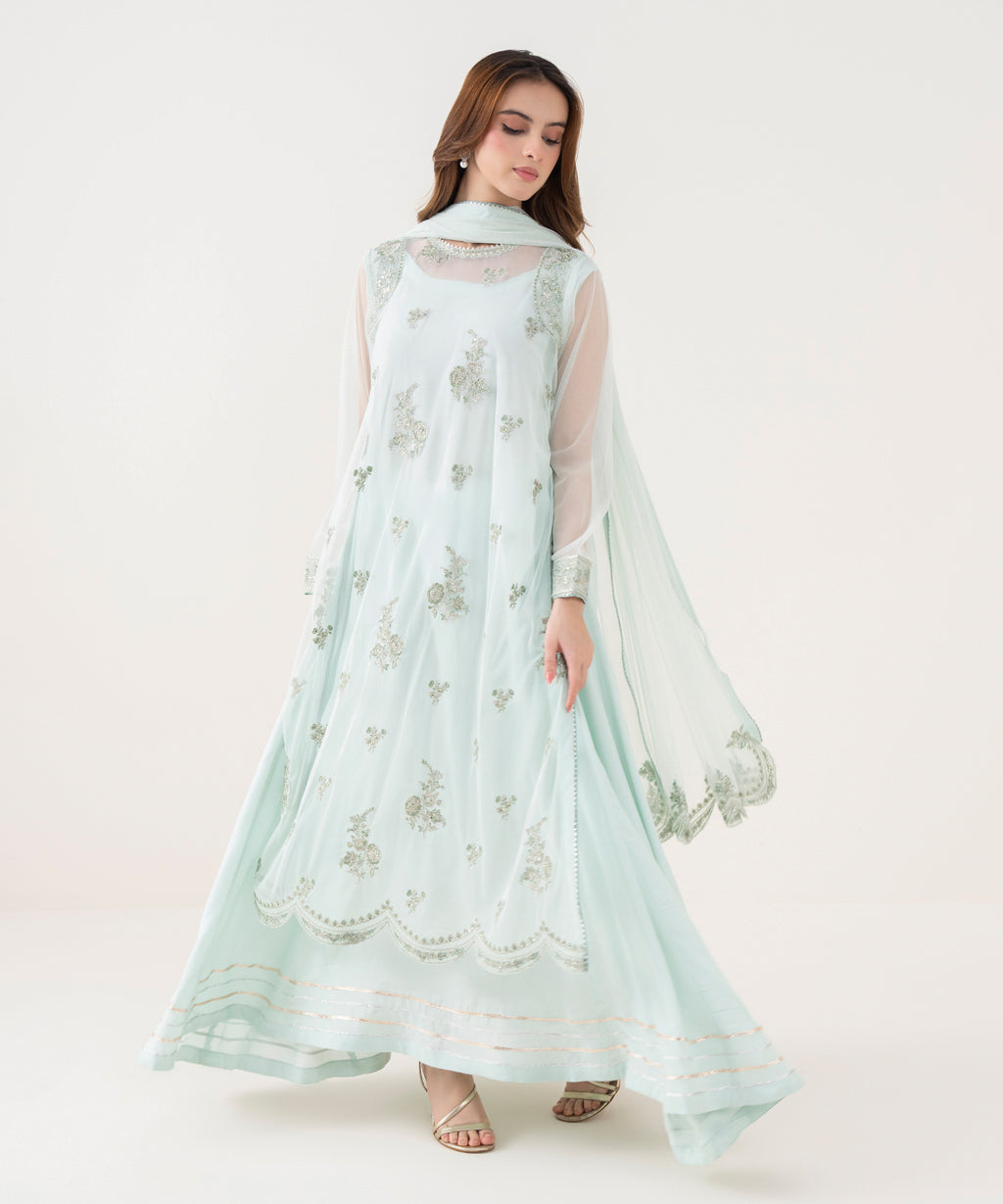 Women's RTW Blended Net Embroidered Blue 2 Piece Suit