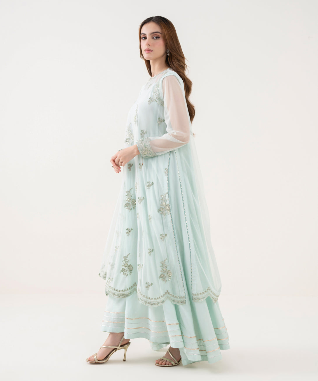 Women's RTW Blended Net Embroidered Blue 2 Piece Suit