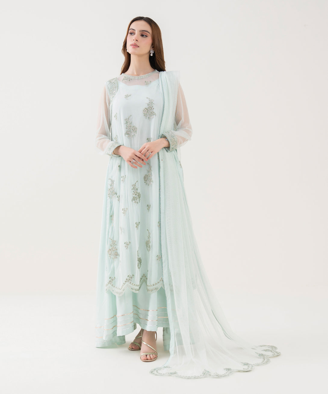 Women's RTW Blended Net Embroidered Blue 2 Piece Suit
