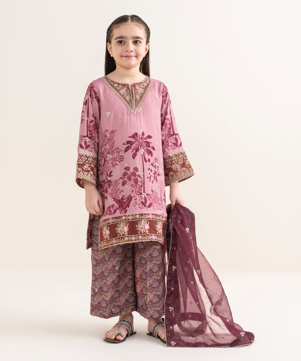Girl's Viscose Raw Silk Embroidered Pink Three Piece Suit
