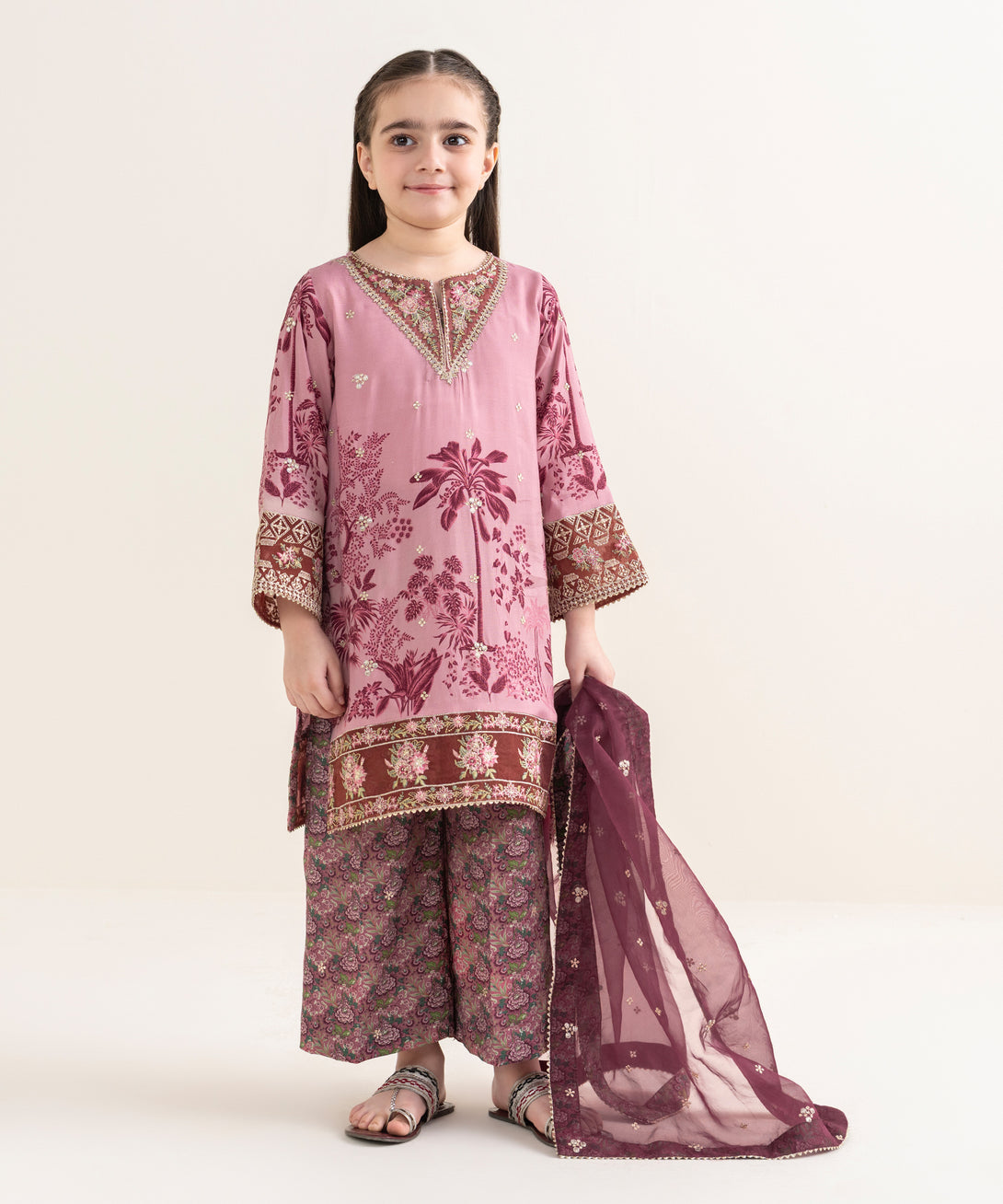 Girl's Viscose Raw Silk Embroidered Pink Three Piece Suit
