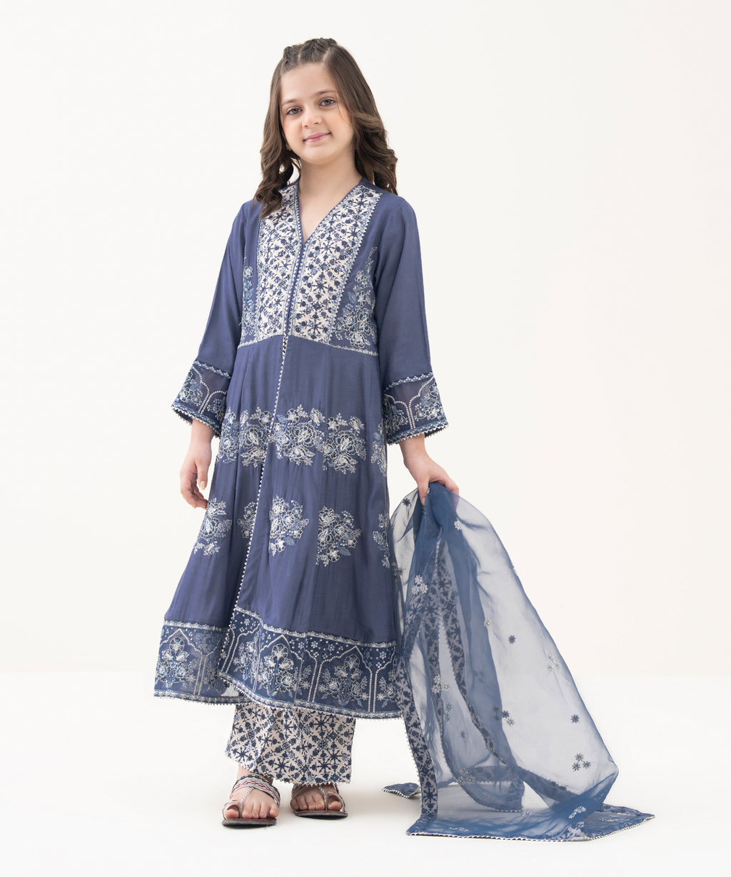 3 Piece - Embroidered Raw Silk Suit