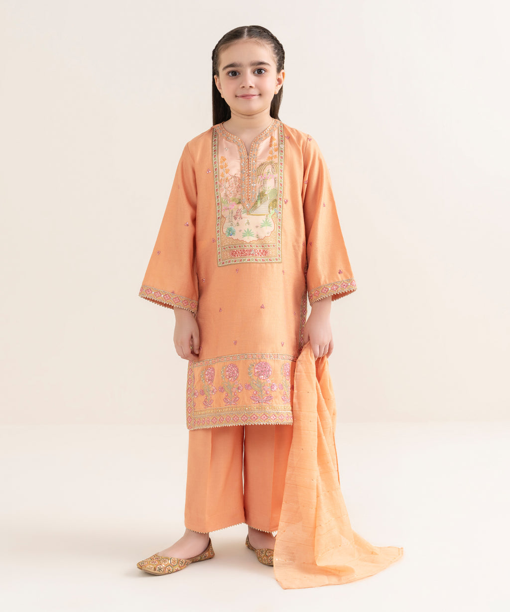Girl's Silk Cotton Net Embroidered Orange Three Piece Suit