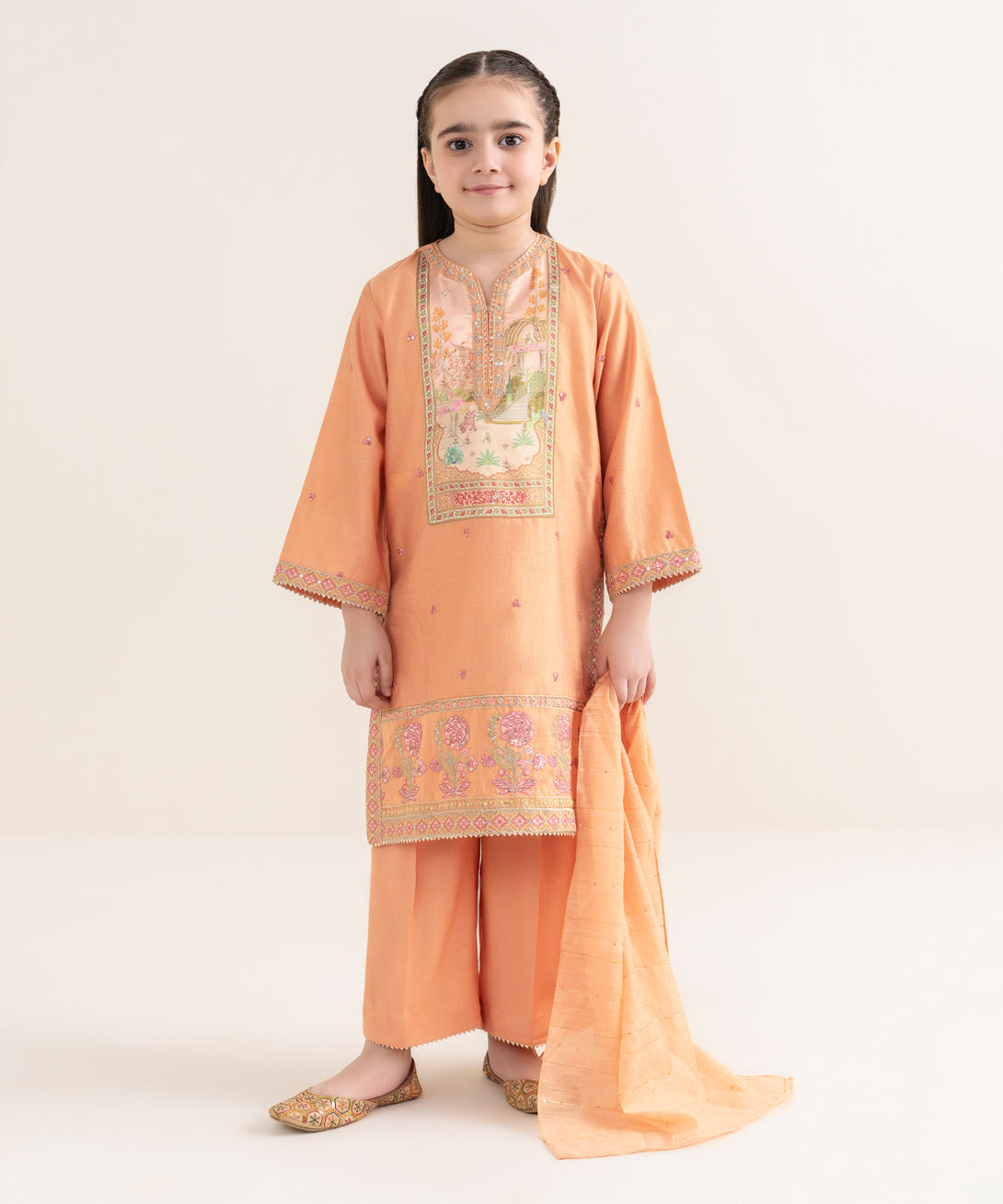 Girl's Silk Cotton Net Embroidered Orange Three Piece Suit