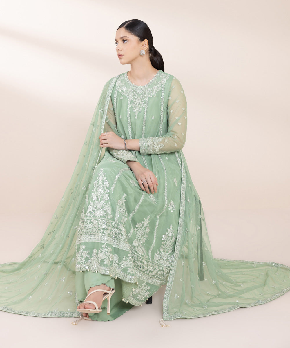 Women's Pret Blended Net Green Embroidered 3 Piece Suit