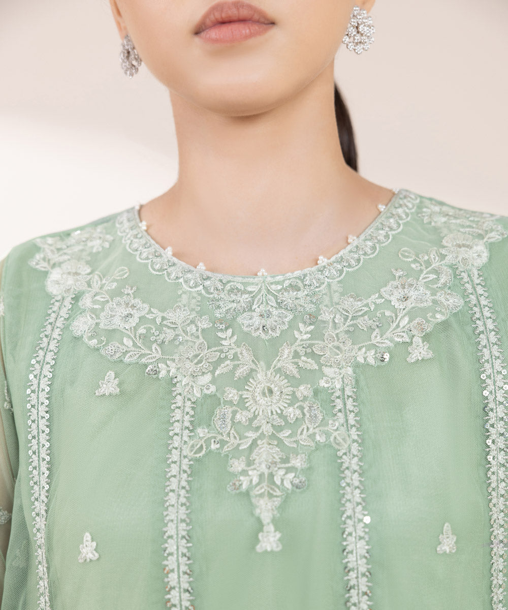 Women's Pret Blended Net Green Embroidered 3 Piece Suit