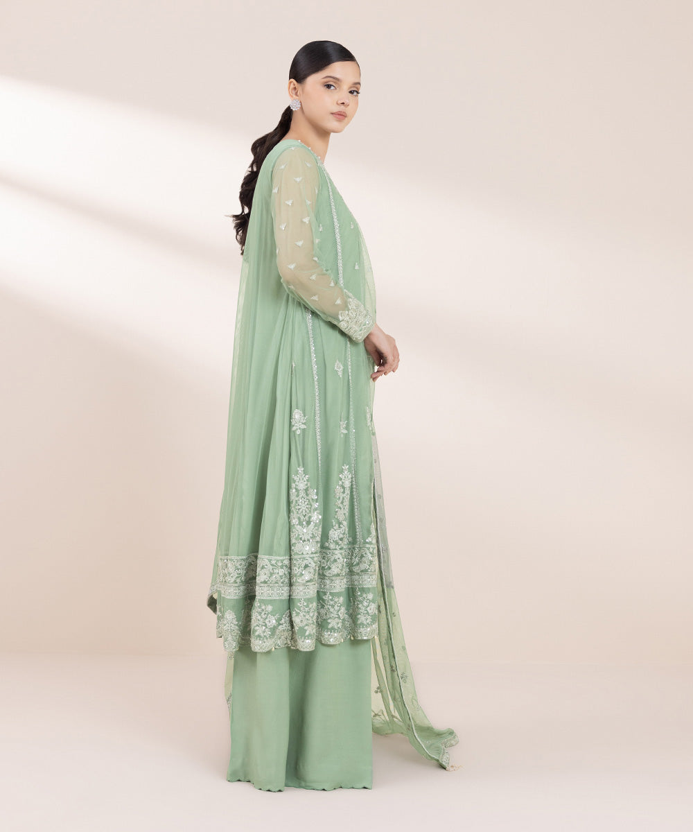 Women's Pret Blended Net Green Embroidered 3 Piece Suit