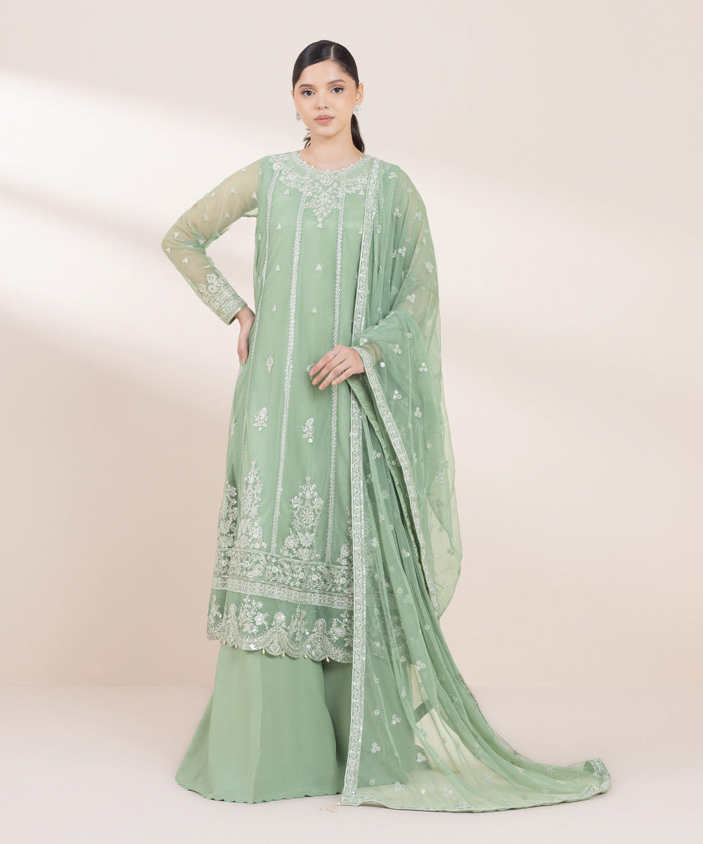 Women's Pret Blended Net Green Embroidered 3 Piece Suit