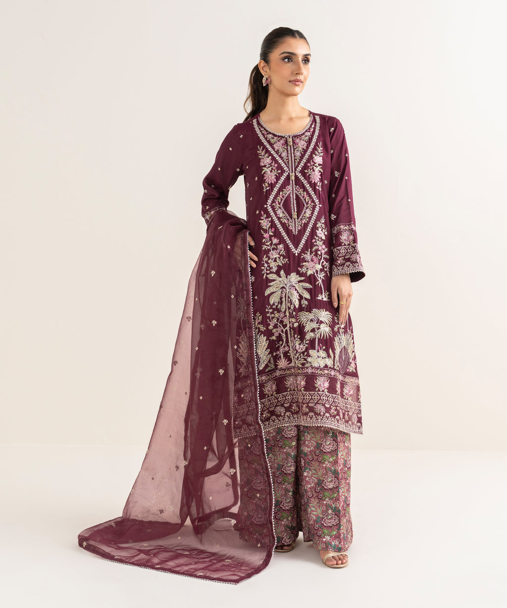 3 Piece - Embroidered Raw Silk Suit