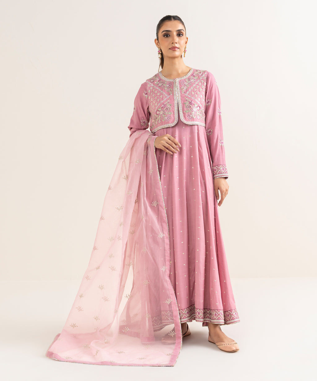 Women's RTW Viscose Raw Silk Pink Embroidered 2 Piece Suit
