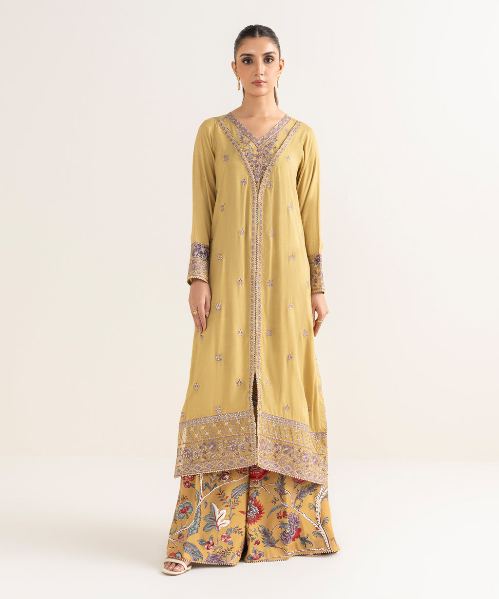 Women's RTW Viscose Raw Silk Yellow Embroidered A-Line Shirt