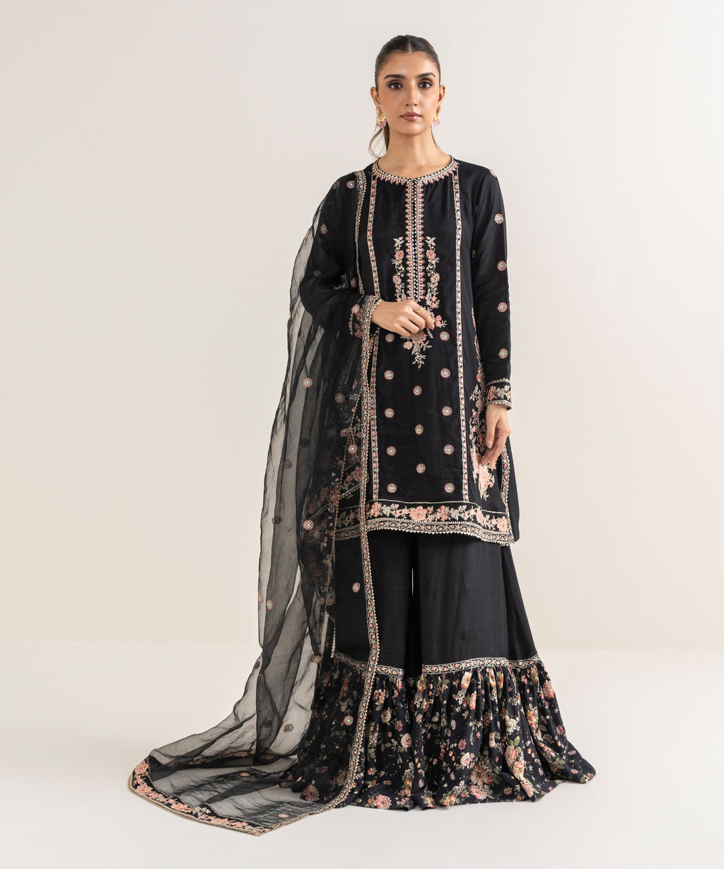 Women's Blended Organza Black Embroidered Dupatta