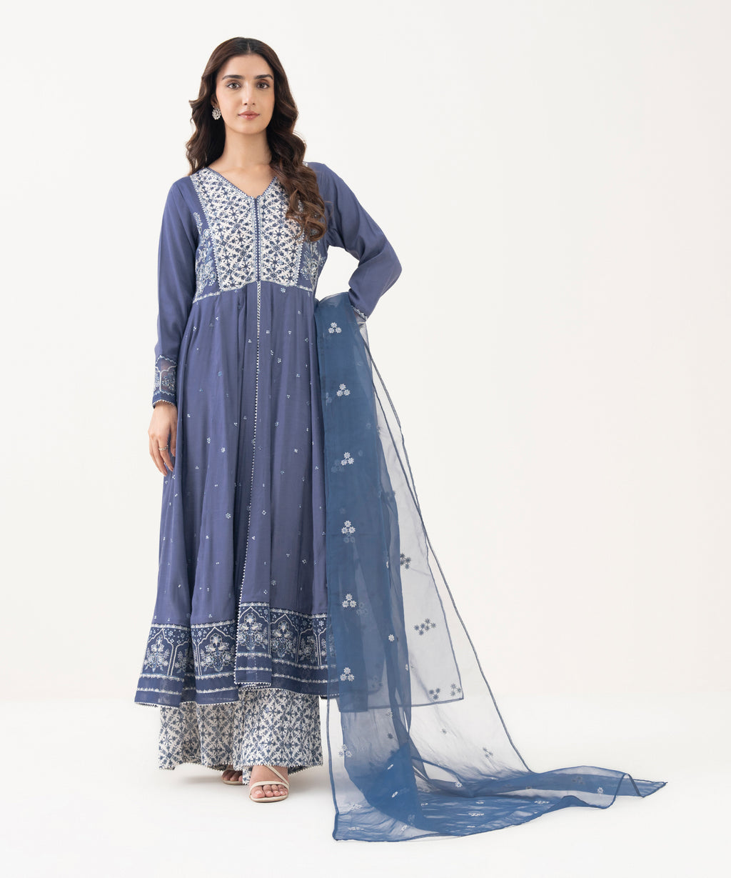 Blended Organza Embroidered Blue Dupatta