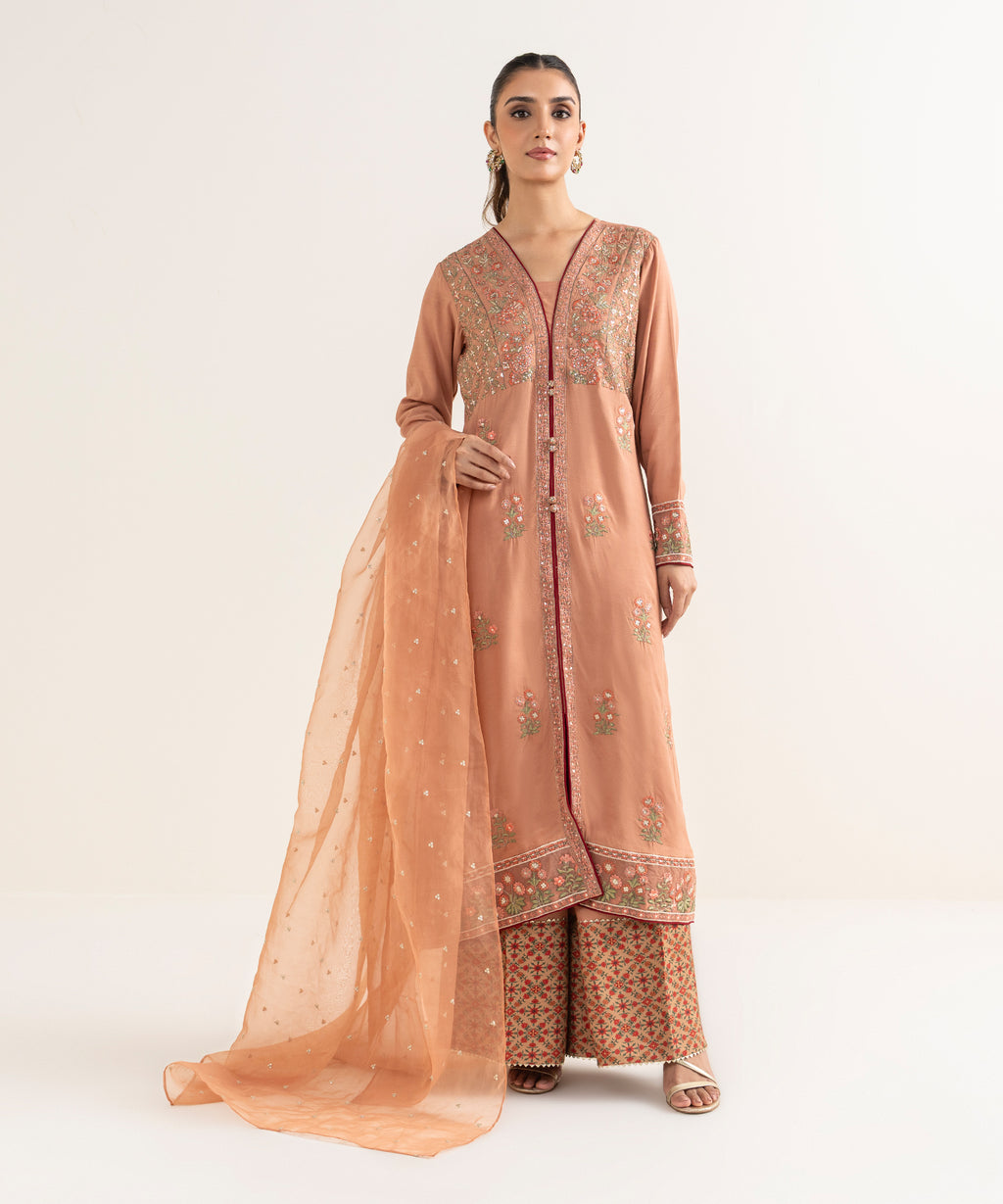 Women's Blended Organza Orange Embroidered Dupatta
