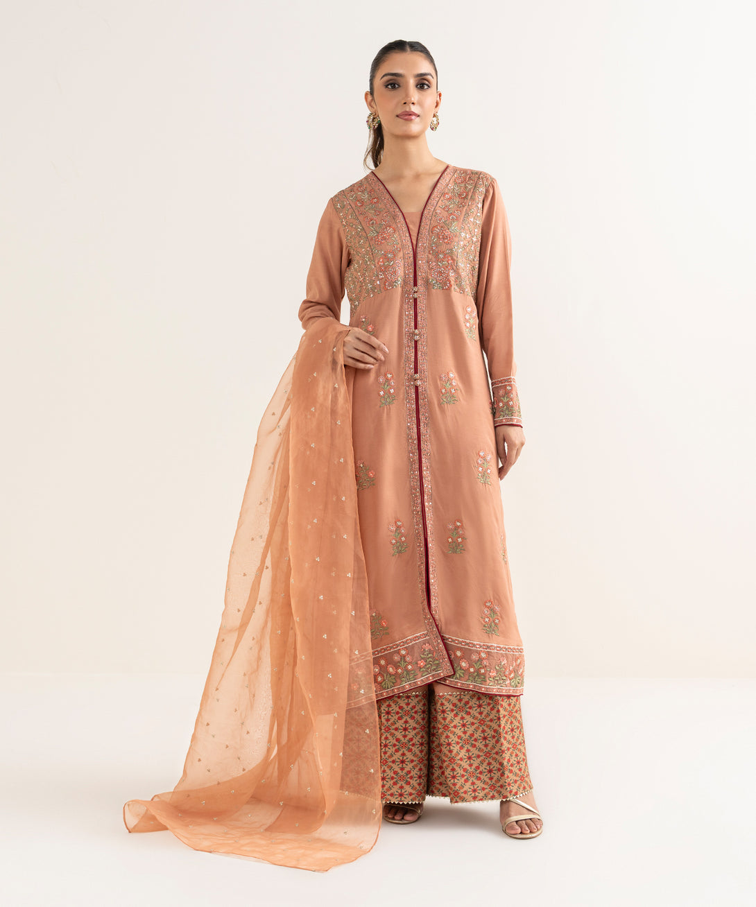 Women's Blended Organza Orange Embroidered Dupatta