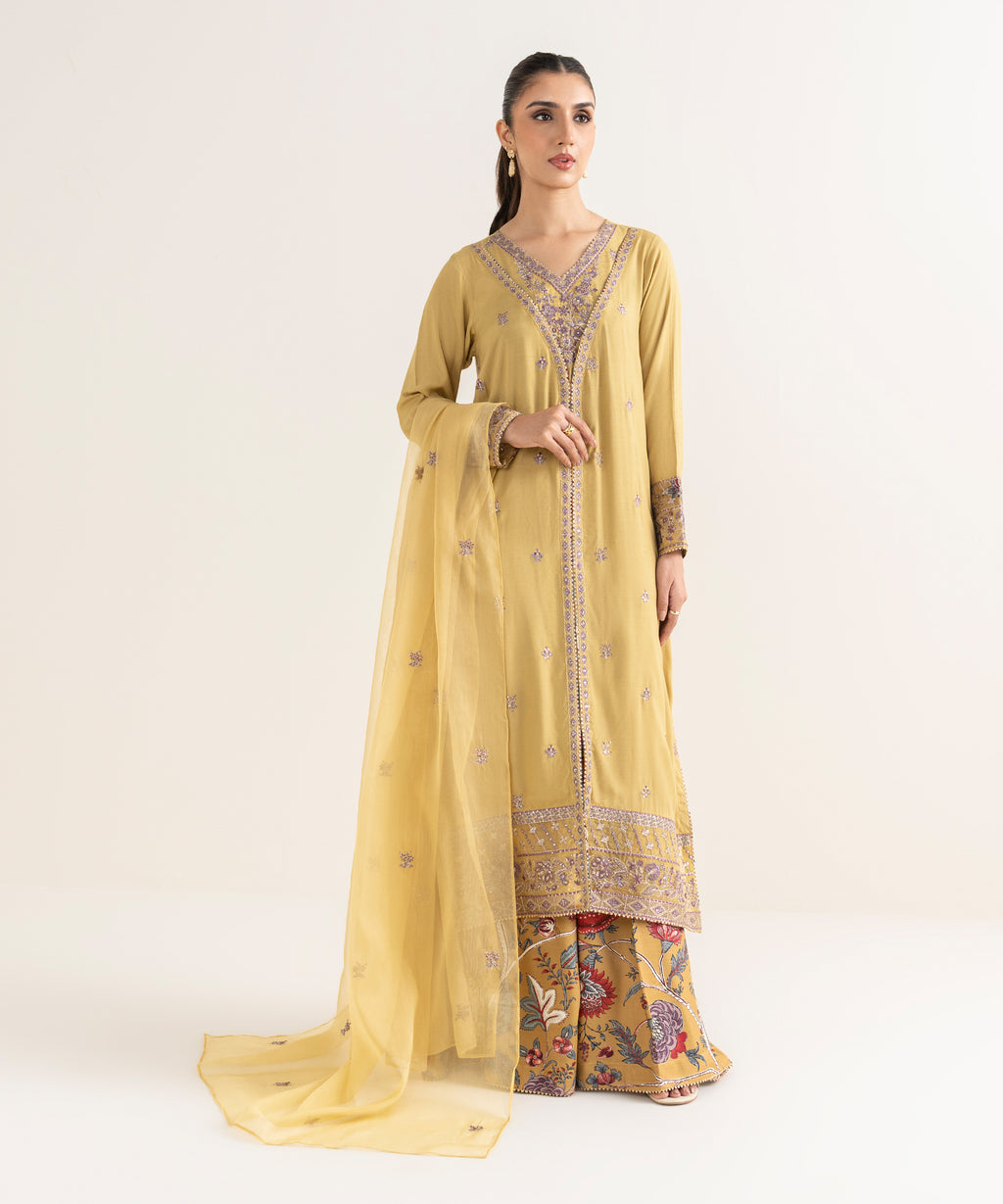 Women's Blended Organza Yellow Embroidered Dupatta