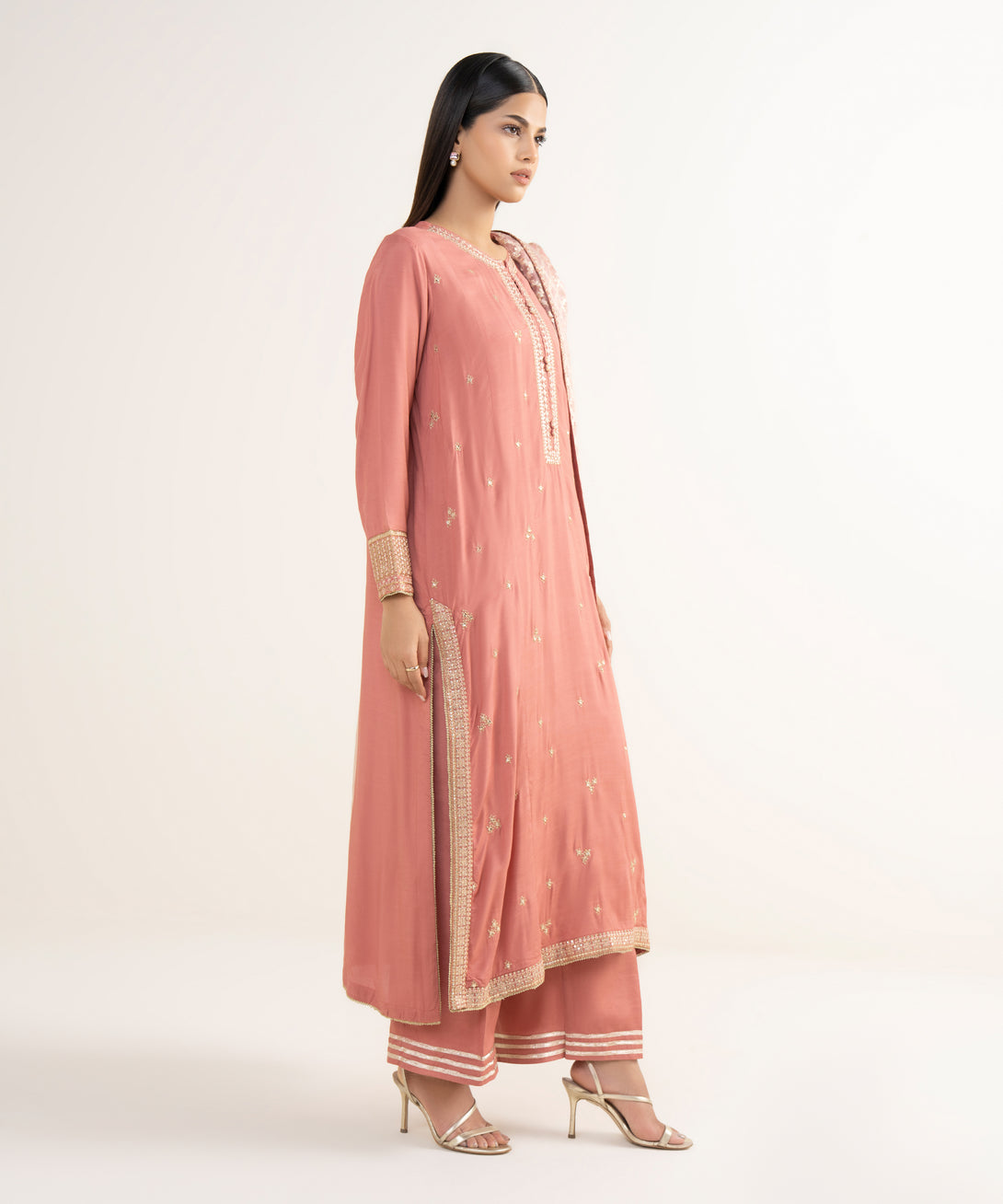 Women's RTW Viscose Raw Silk Pink Embroidered 3 Piece Suit