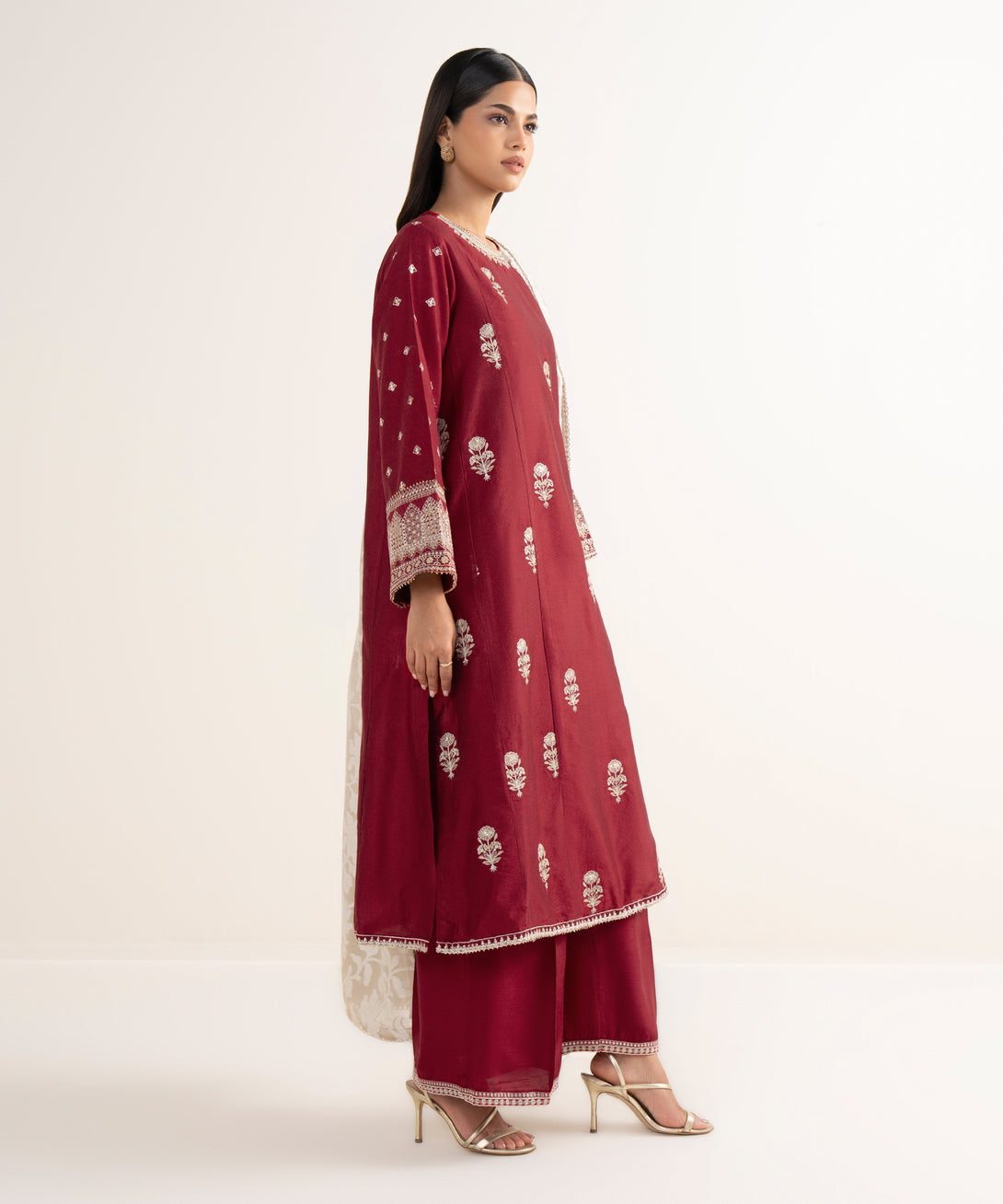 Women's RTW Silk Cotton Net Red Embroidered 3 Piece Suit