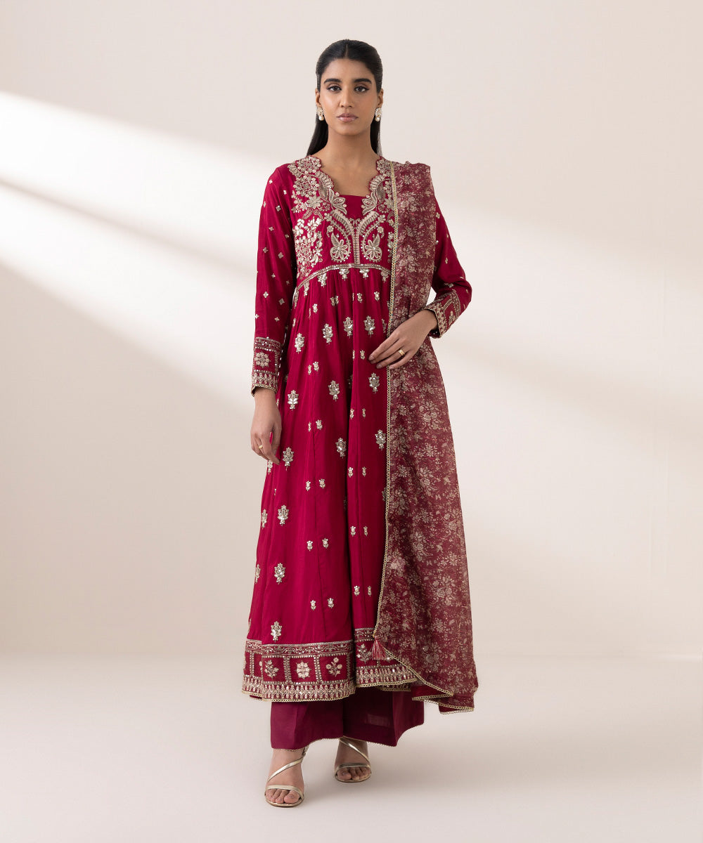 Women's Pret Raw Silk Red Embroidered Three Piece Suit