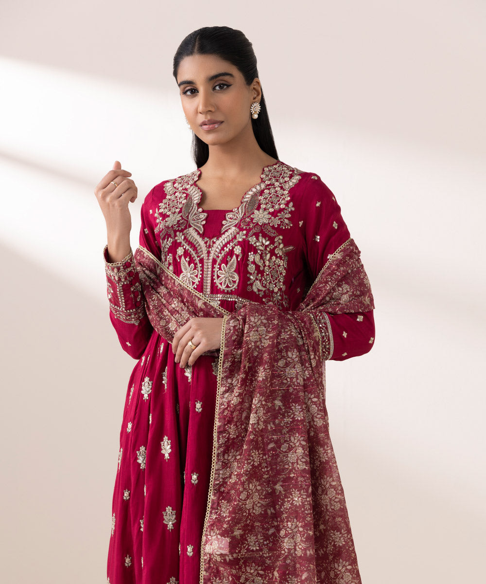 Women's Pret Raw Silk Red Embroidered Three Piece Suit