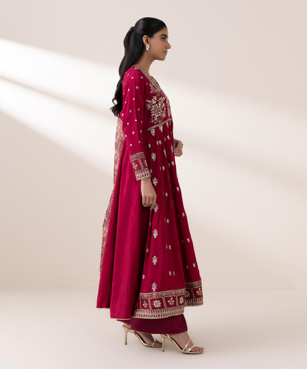 Women's Pret Raw Silk Red Embroidered Three Piece Suit