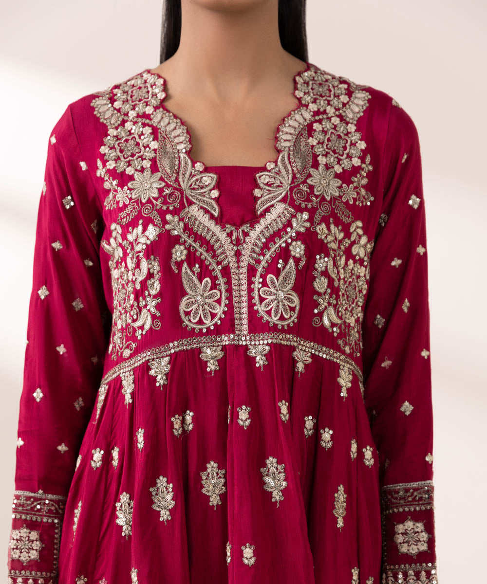 Women's Pret Raw Silk Red Embroidered Three Piece Suit