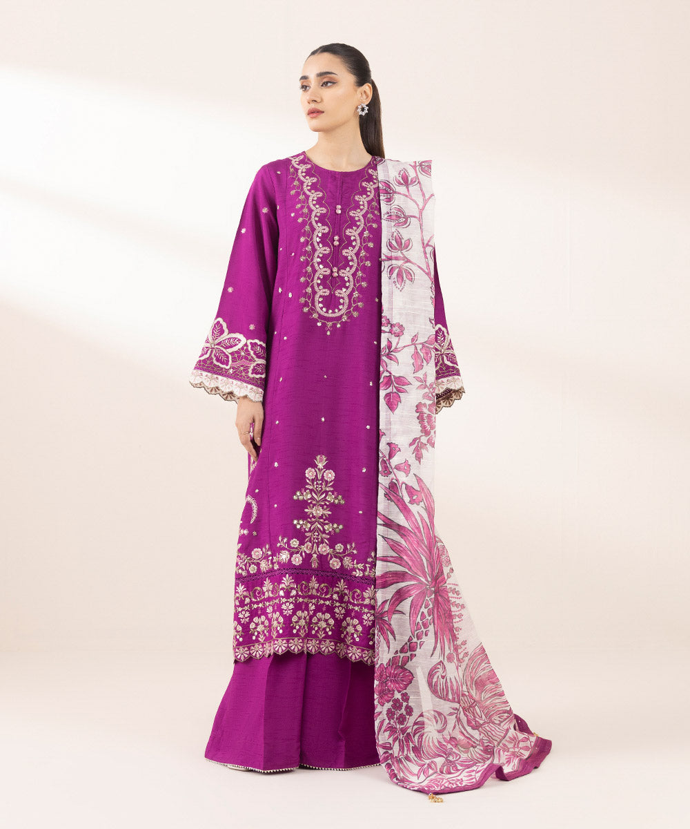 Women's Pret Raw Silk Purple Embroidered Three Piece Suit