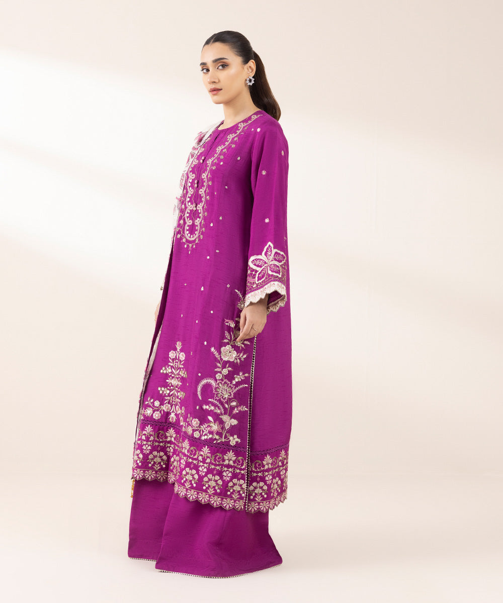 Women's Pret Raw Silk Purple Embroidered Three Piece Suit