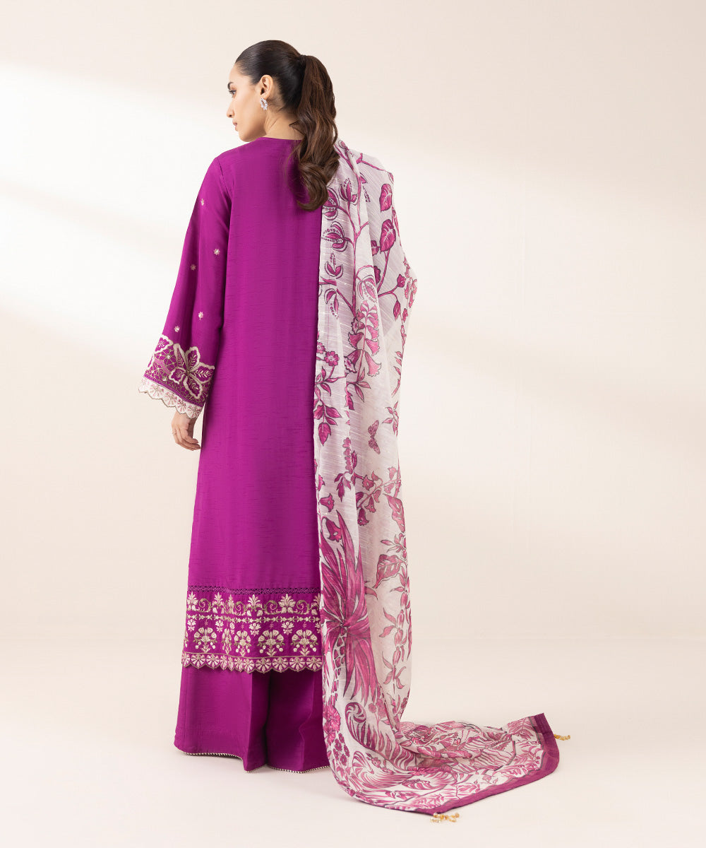 Women's Pret Raw Silk Purple Embroidered Three Piece Suit