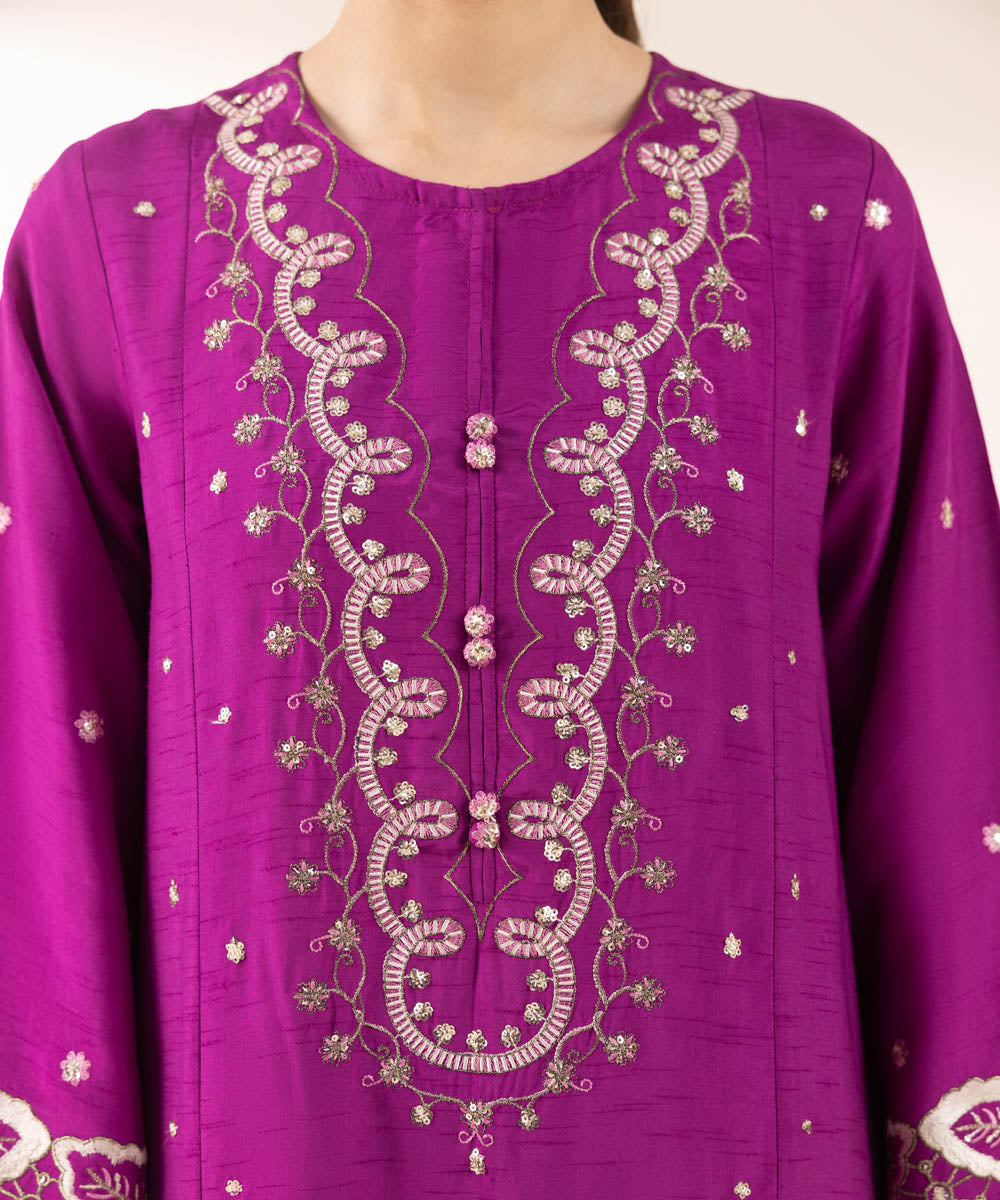 Women's Pret Raw Silk Purple Embroidered Three Piece Suit