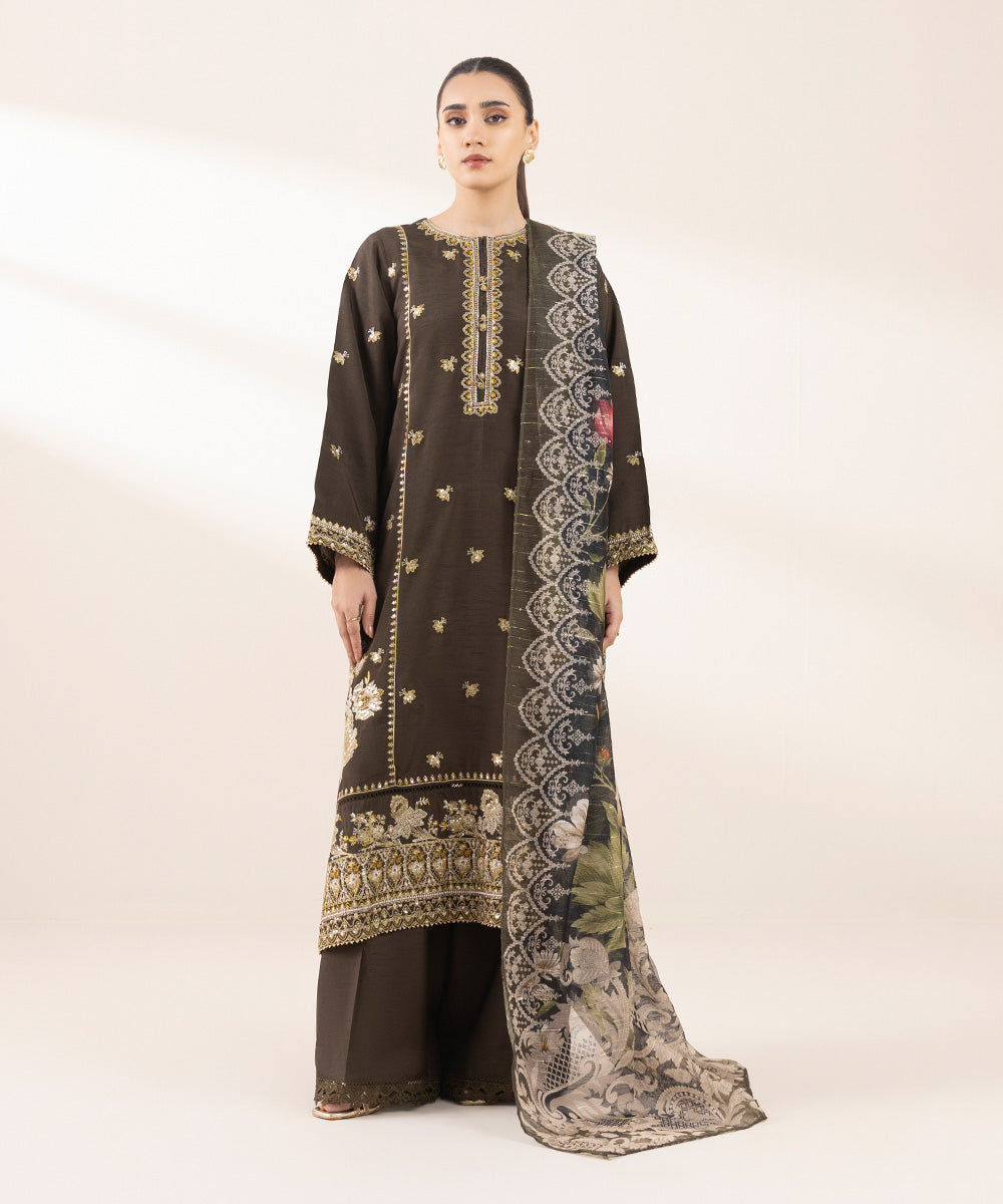 Women's Pret Raw Silk Brown Embroidered Three Piece Suit