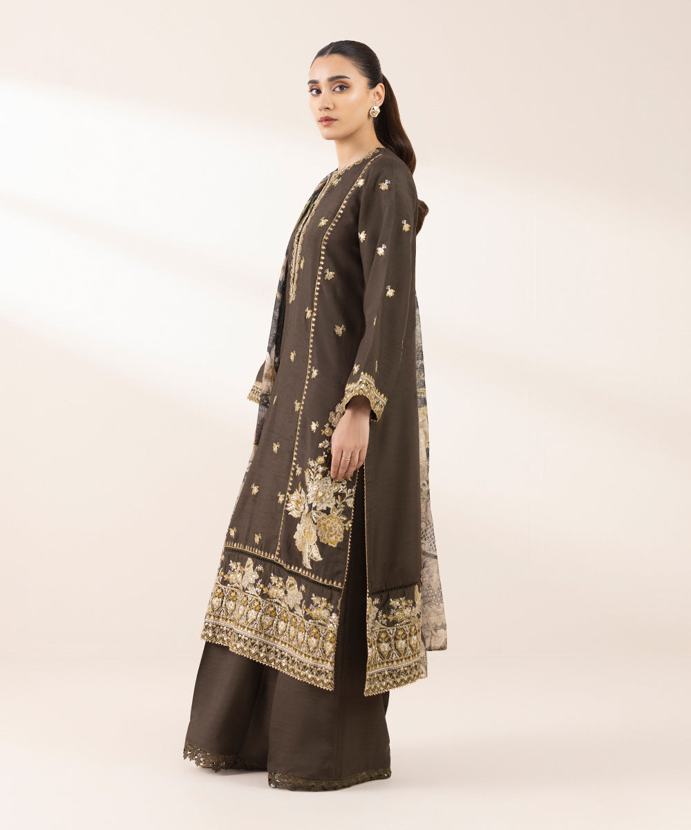 Women's Pret Raw Silk Brown Embroidered Three Piece Suit