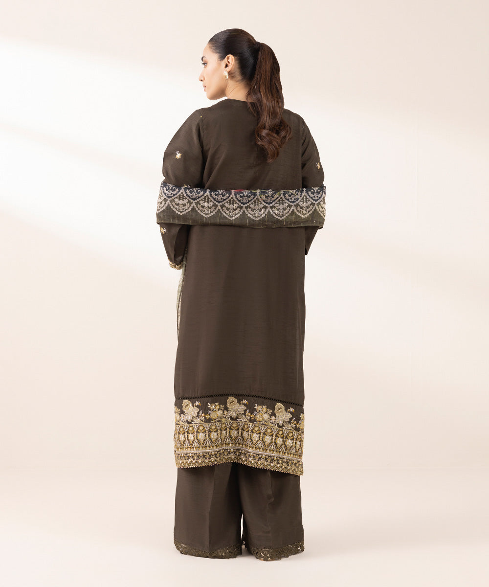 Women's Pret Raw Silk Brown Embroidered Three Piece Suit